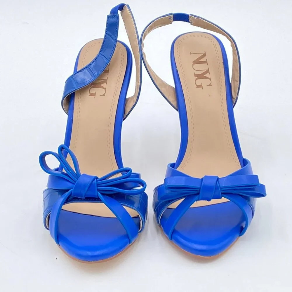 Blue Bow High Heel Slingback Sandals Open Toe Cutout Summer Shoes - Picture 3 of 6